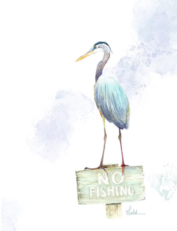 Great blue heron on a no fishing sign original wildlife watercolour  painting by Christy Obalek 