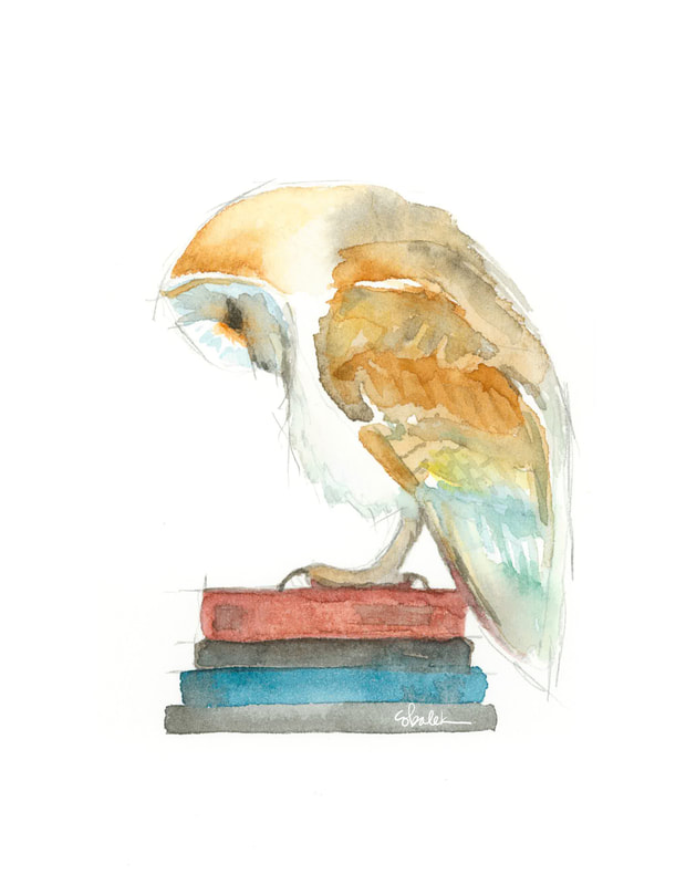 Barn Owl on a stack of vintage books Watercolor Painting by Christy Obalek 