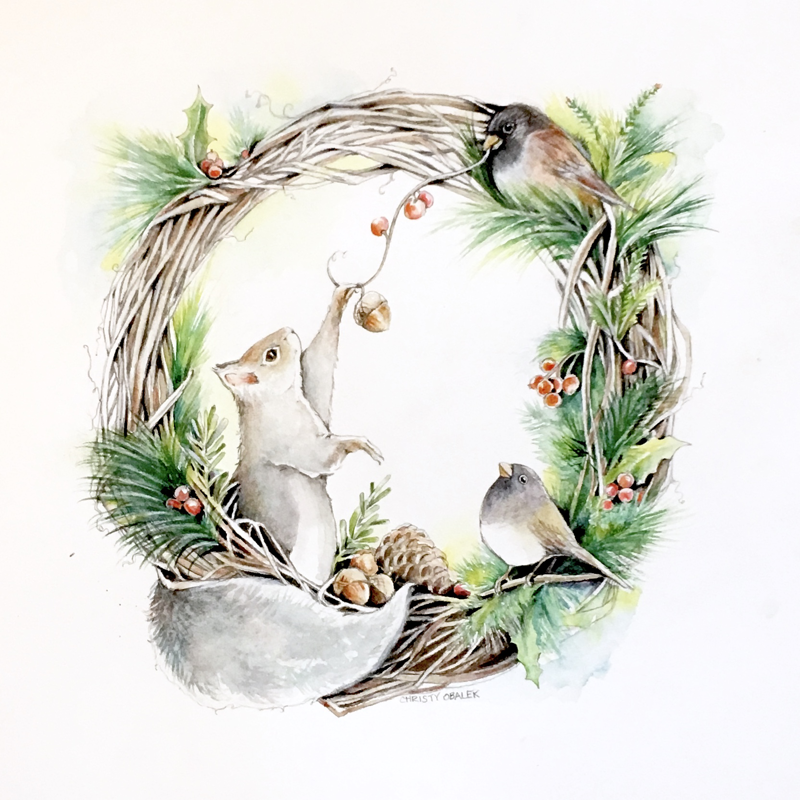 Squirrel wreath Christmas watercolor painting by Christy Obalek
